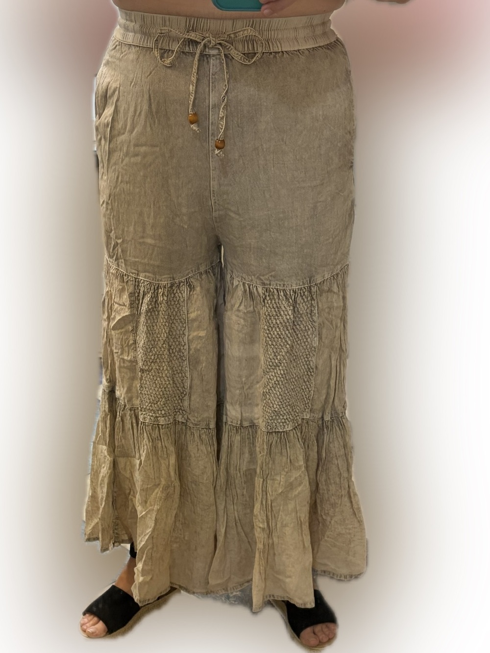 NWT- Tiered Wide-Leg Patchwork Pants - Latte Young Threads - Picture 8 of 14
